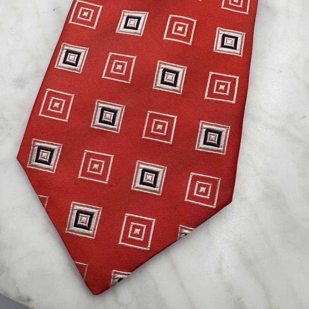 Canali Red Silk Geometric Square Pattern Stripe Mens Neck Tie Italy FLAW 3.75x61
